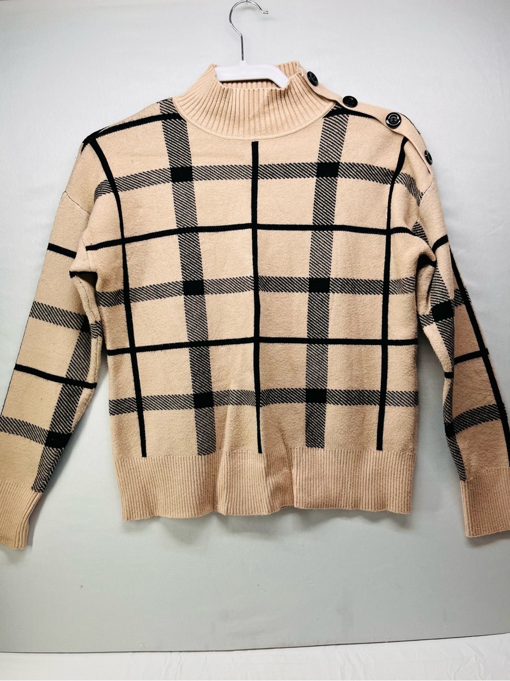 Tahari Beige and Black Plaid Cowl Neck Sweater